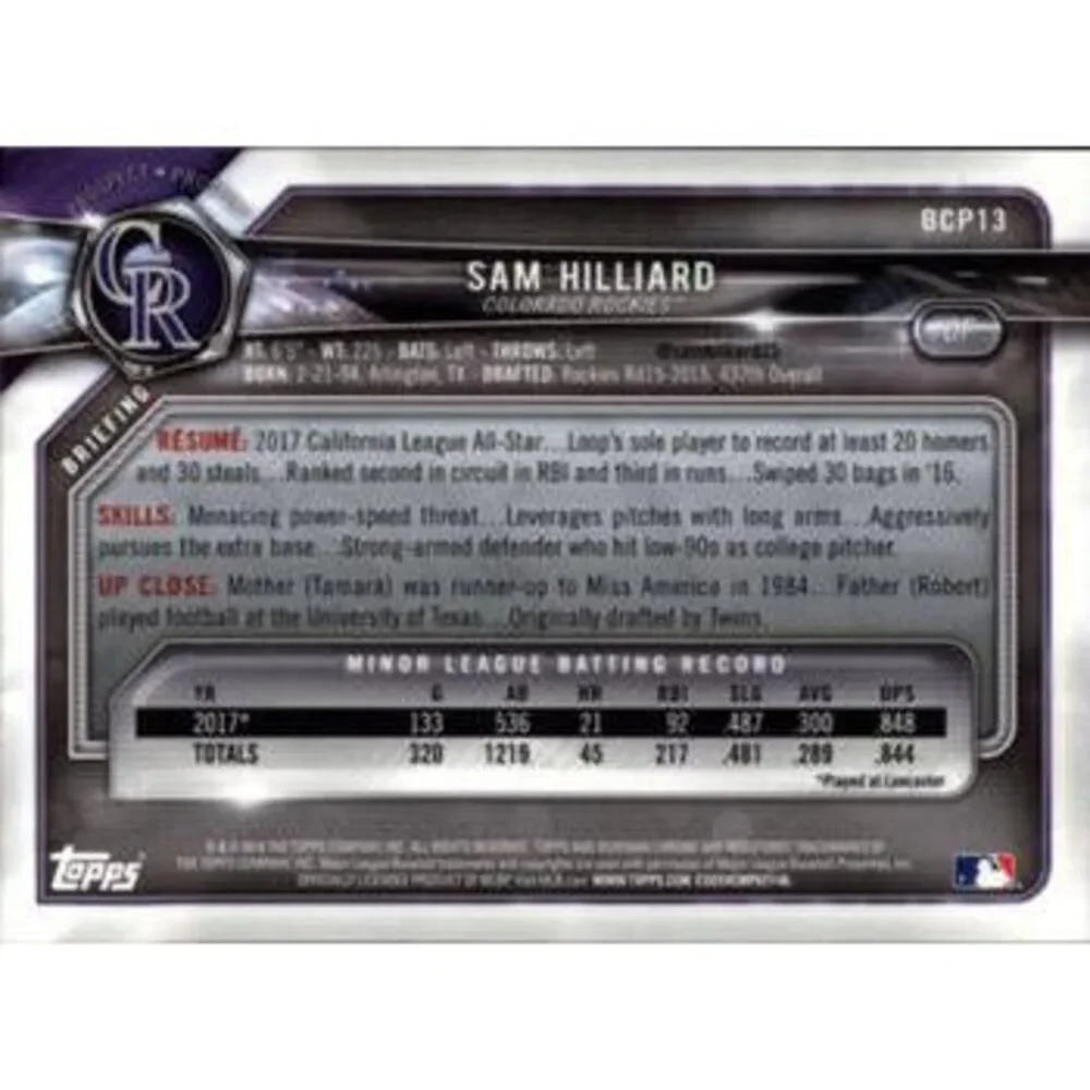 2018 Bowman Chrome Prospects Sam Hilliard BCP13 Colorado Rockies